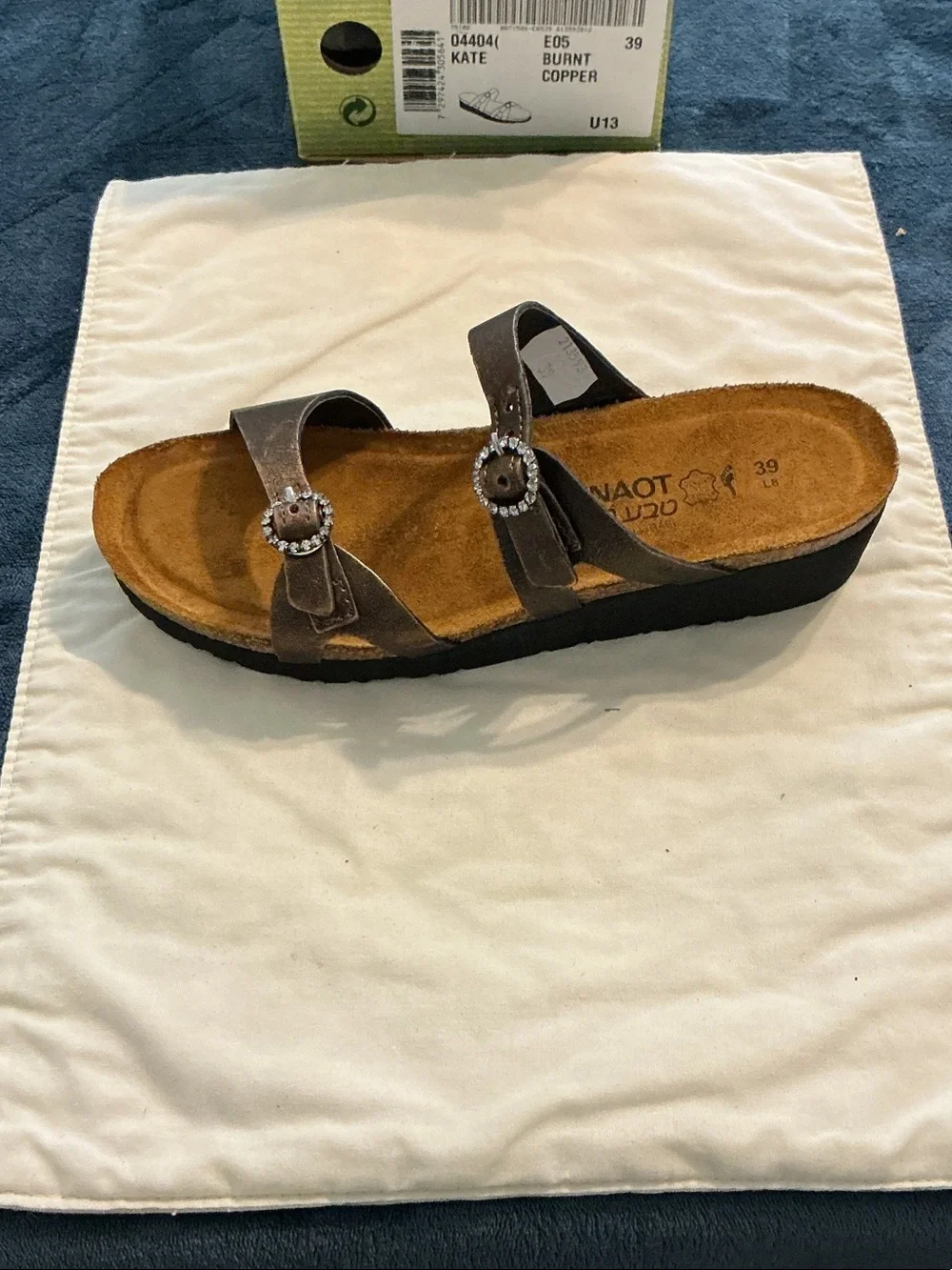 Naot Women’s Two-Strap Sandal in Burnt Copper with Rhinestone Buckles